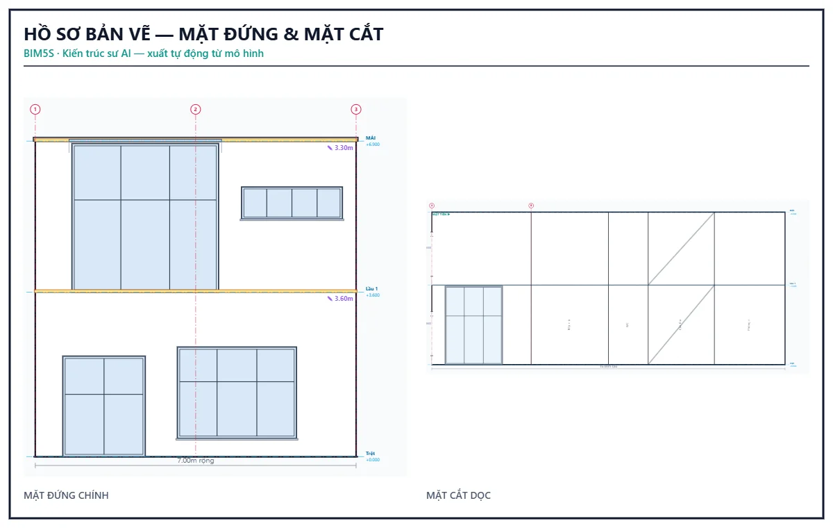Hồ sơ bản vẽ: mặt đứng và mặt cắt có level, cao độ, trục