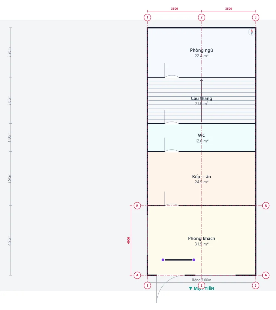 Mặt bằng thật có lưới trục 1-2-3 / A-B và chuỗi kích thước
